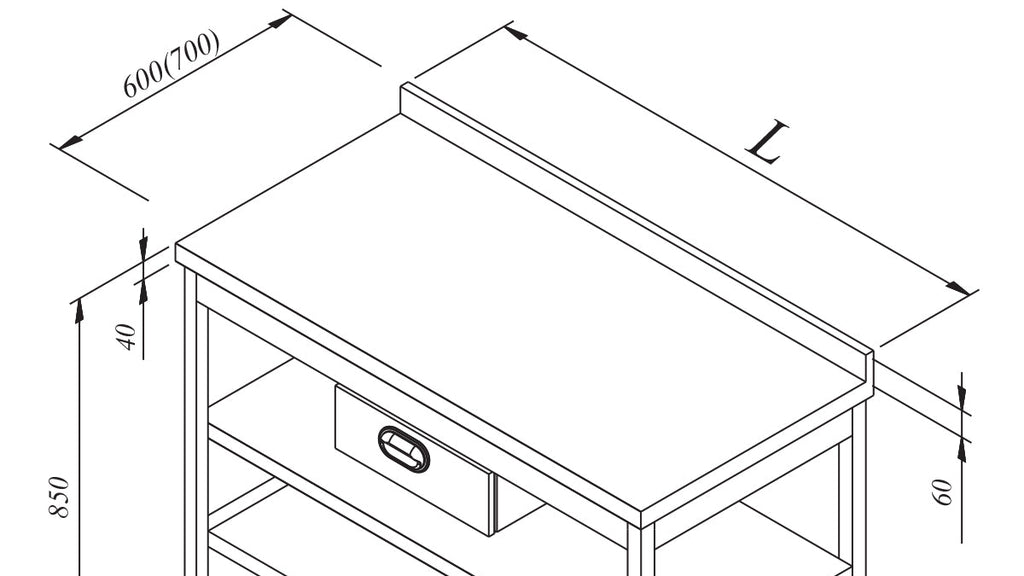 Technical drawing of a workbench with dimensions