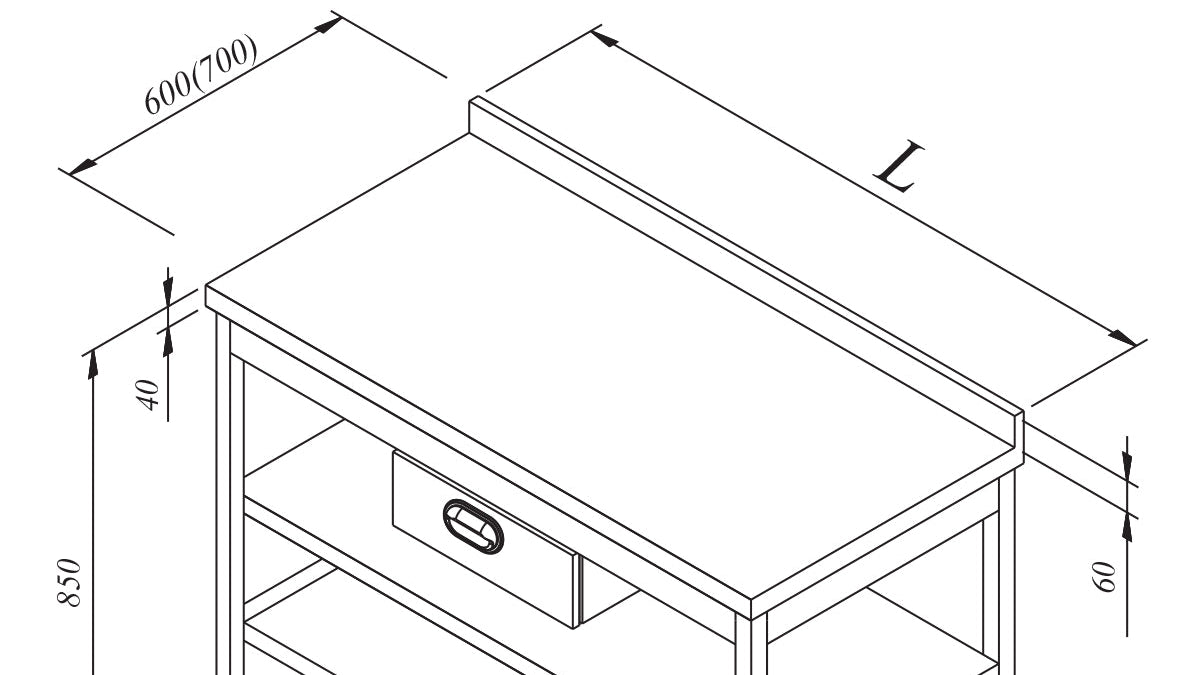 Technical drawing of a workbench with dimensions