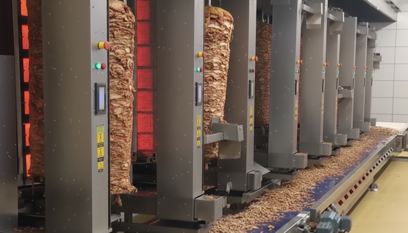 Row of industrial machines processing materials on a conveyor belt.
