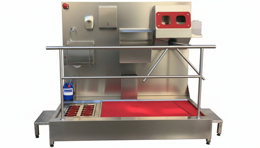 Stainless steel machine with red accents on a white background