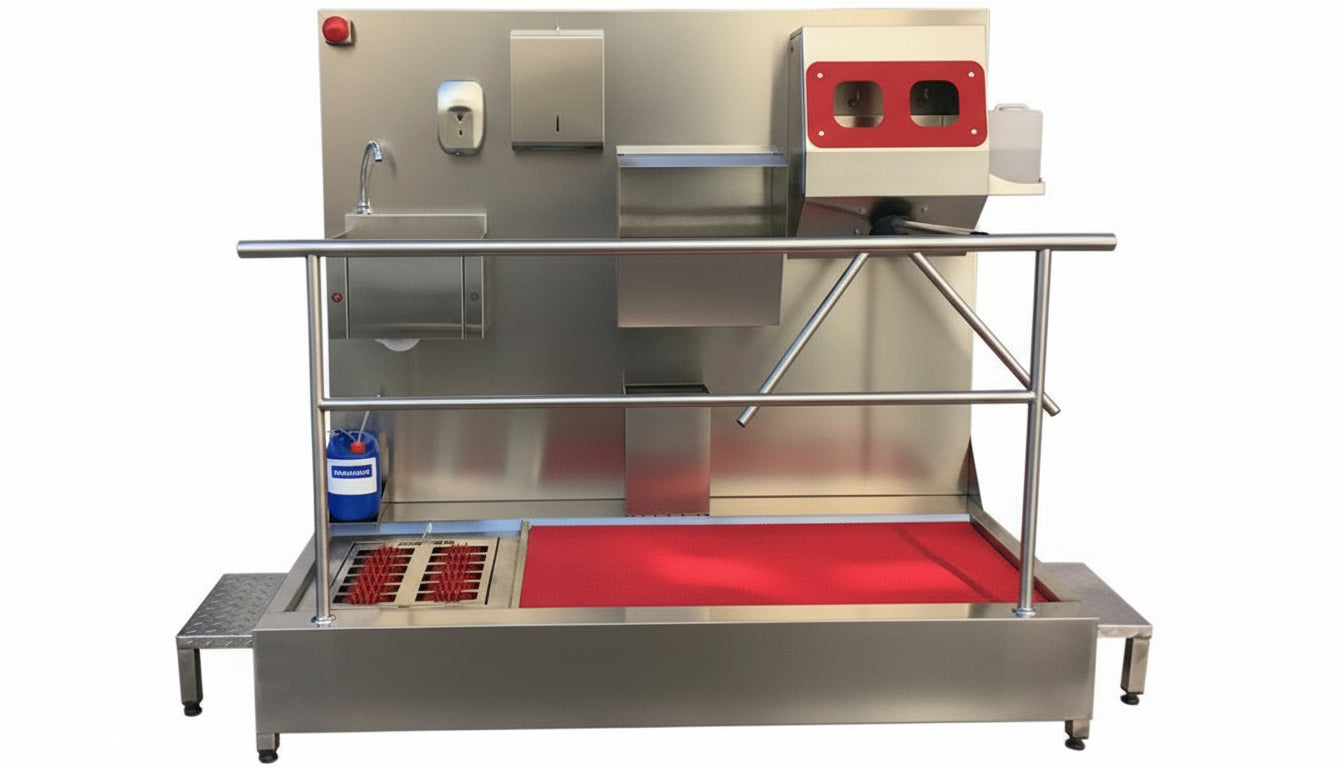 Stainless steel machine with red accents on a white background