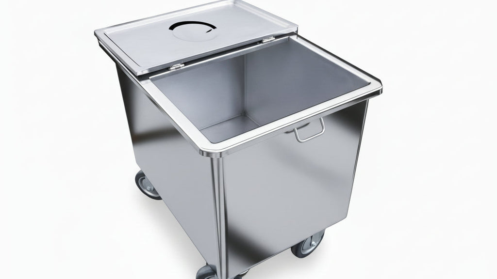 Gray trash bin with wheels on a white background
