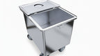 Gray trash bin with wheels on a white background