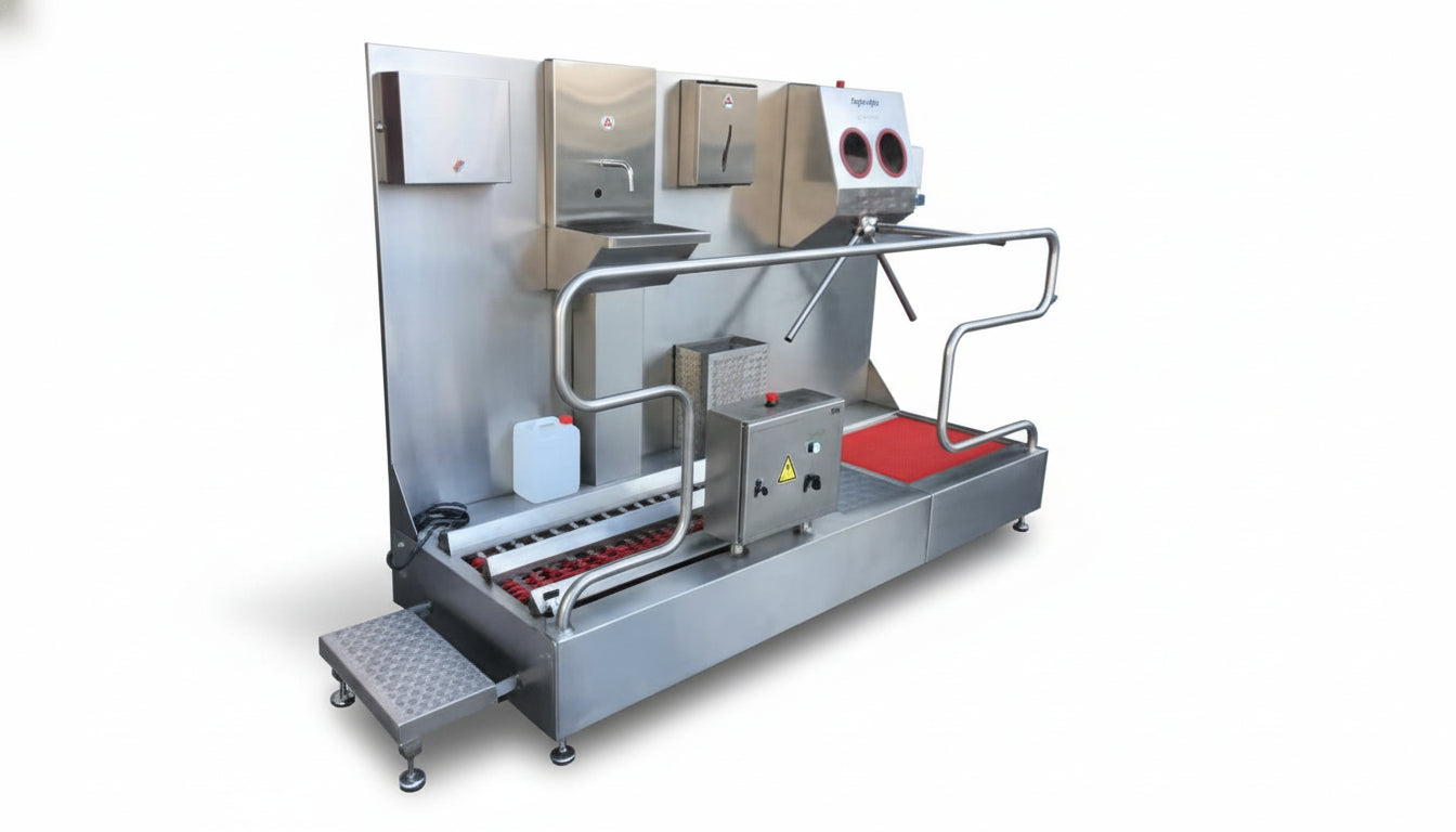 Industrial cleaning machine with various components on a white background