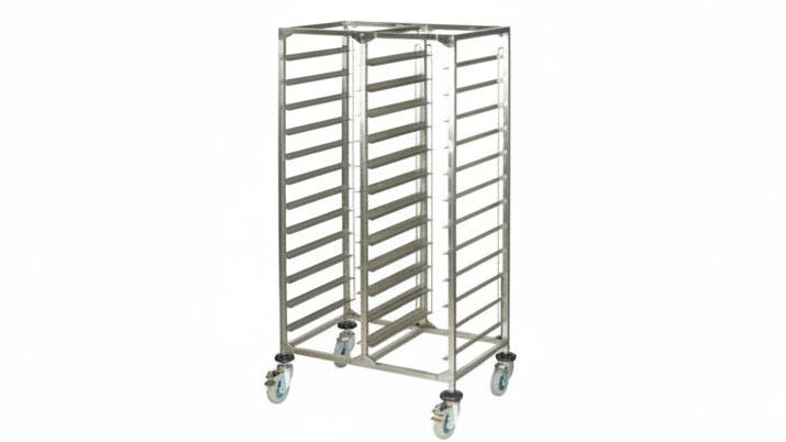Metal baking rack on wheels with multiple shelves on a white background