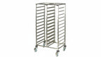 Metal baking rack on wheels with multiple shelves on a white background
