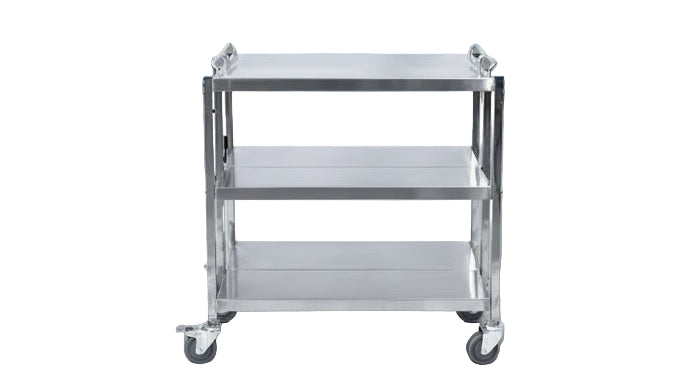 Metal service cart with three shelves on a white background