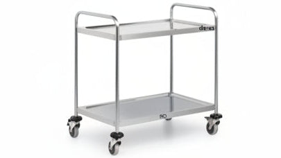 Metal service cart with two shelves on wheels against a white background