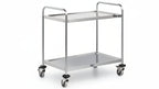 Metal service cart with two shelves on wheels against a white background
