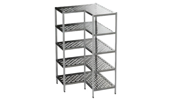 Metal shelving unit with multiple shelves on a plain background