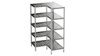 Metal shelving unit with multiple shelves on a plain background