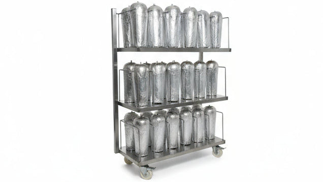 Metal storage rack with various containers on wheels in a warehouse setting