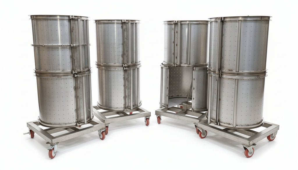 Set of metal drums on wheels in an industrial setting