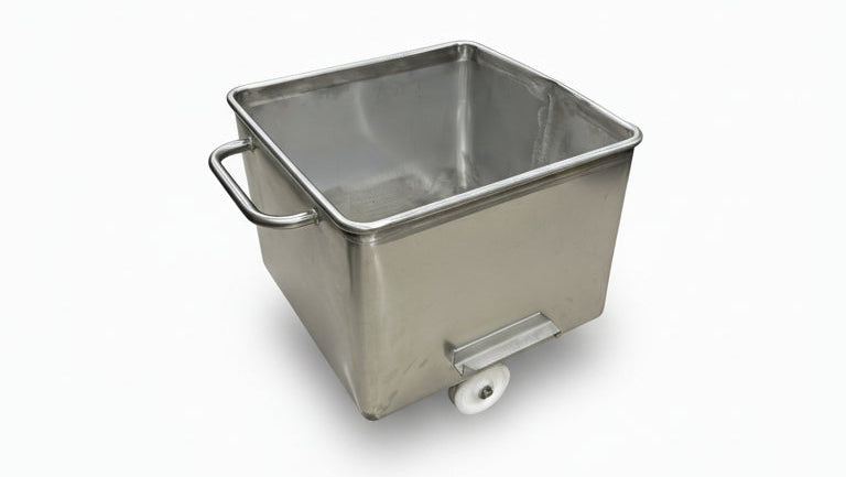 Stainless steel bin with wheels in a kitchen setting