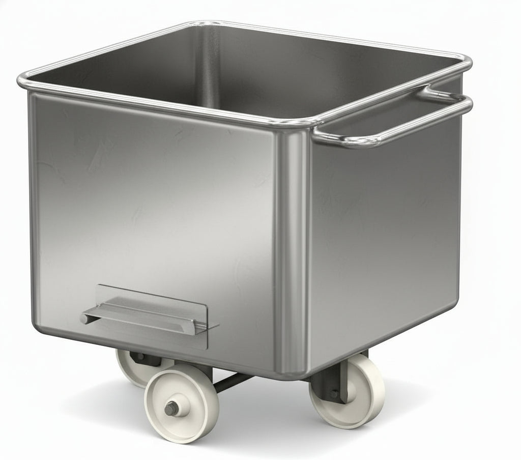 Stainless steel cart with wheels on a plain background