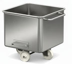 Stainless steel cart with wheels on a plain background