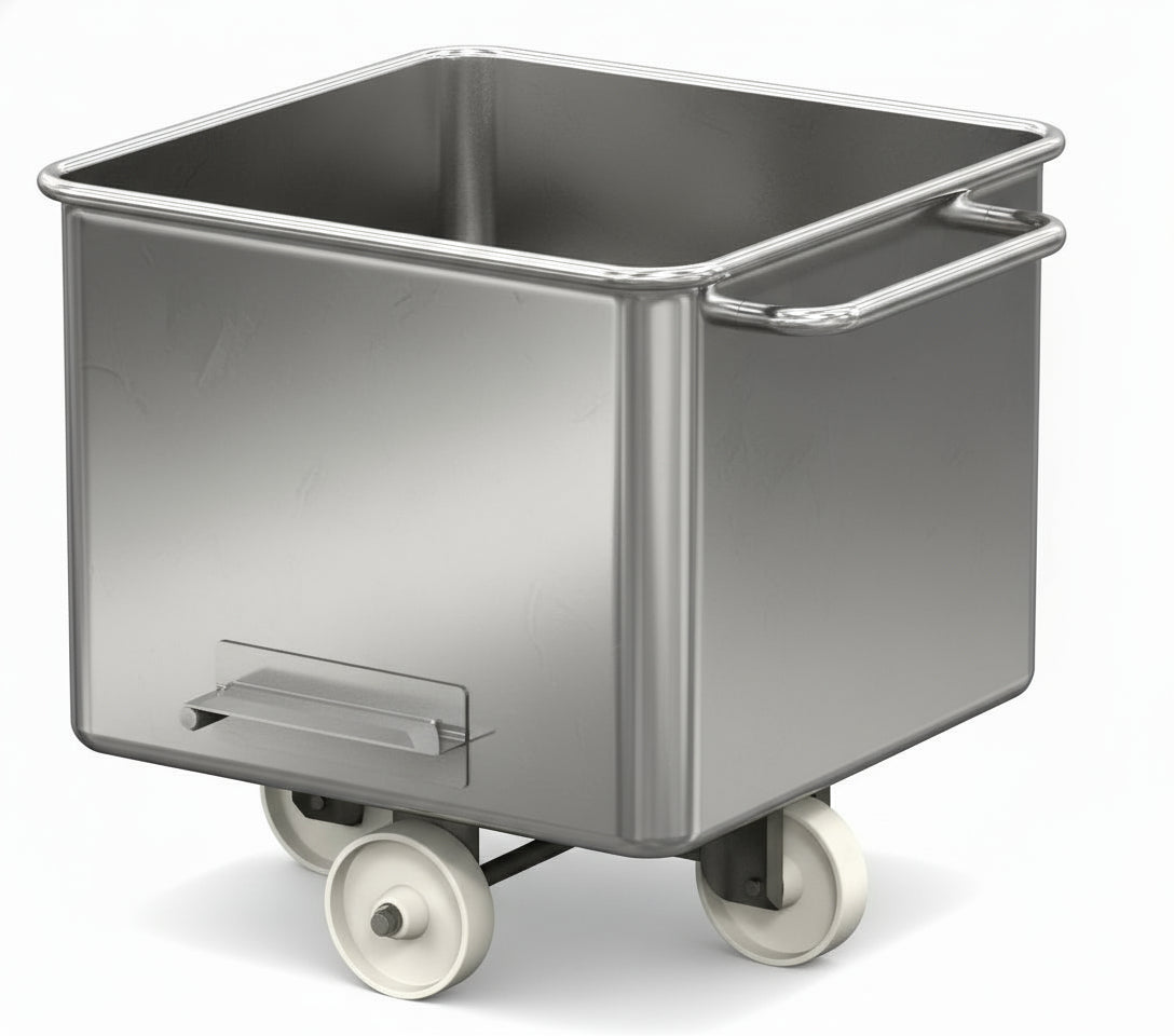Stainless steel cart with wheels on a plain background