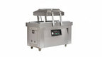 Stainless steel vacuum packaging machine with digital display on a white background