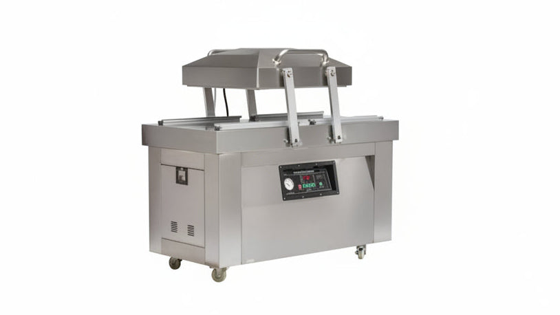 Stainless steel vacuum packaging machine with digital display on a white background