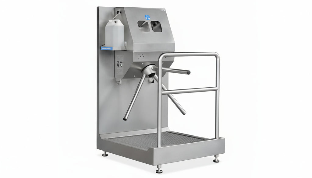 Stainless steel walk-through metal detector on a white background