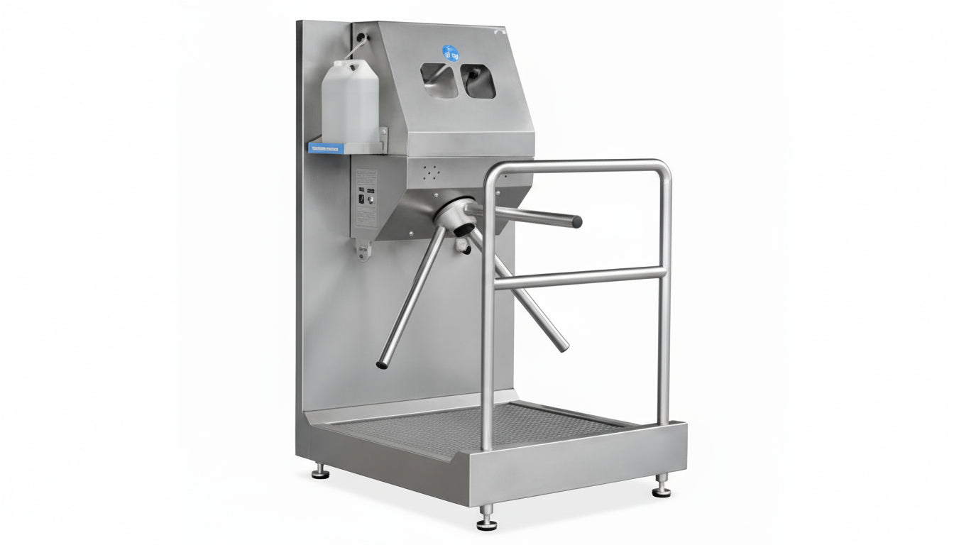 Stainless steel walk-through metal detector on a white background