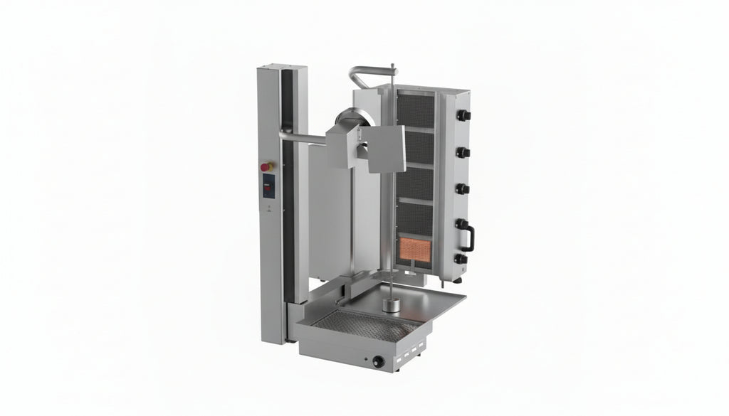 Stainless steel vertical meat processor on a white background