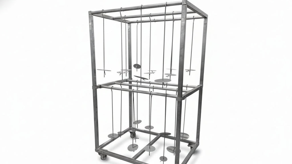 Metal birdcage with multiple perches on a white background