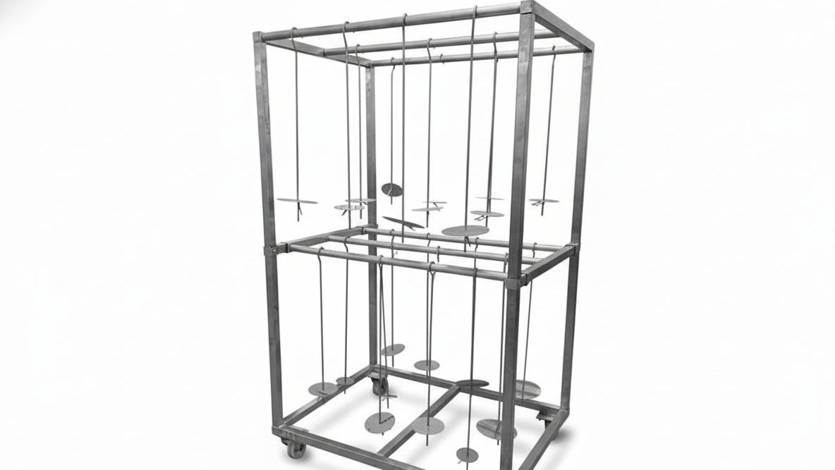 Metal birdcage with multiple perches on a white background