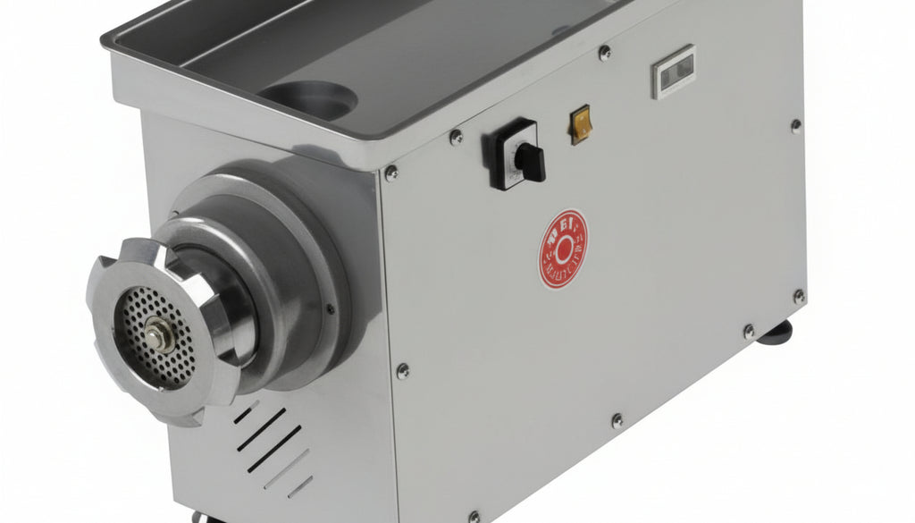 Stainless steel meat grinder on a white background