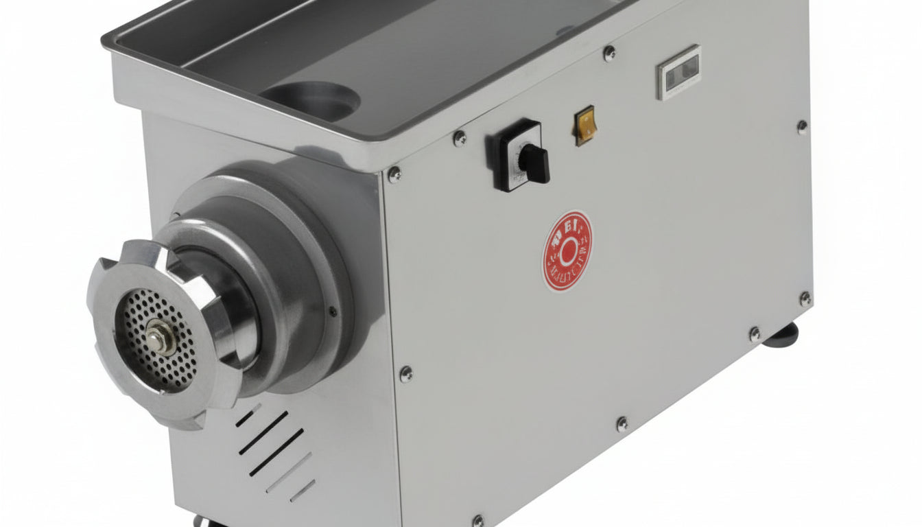 Stainless steel meat grinder on a white background