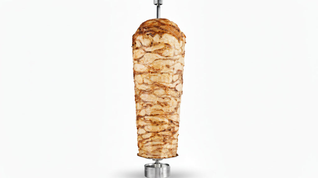 Doner kebab on a vertical rotating spit against a white background