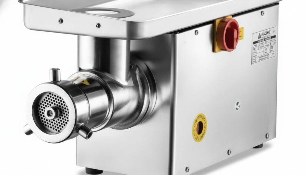 Stainless steel meat grinder on a white background