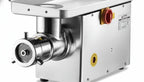 Stainless steel meat grinder on a white background