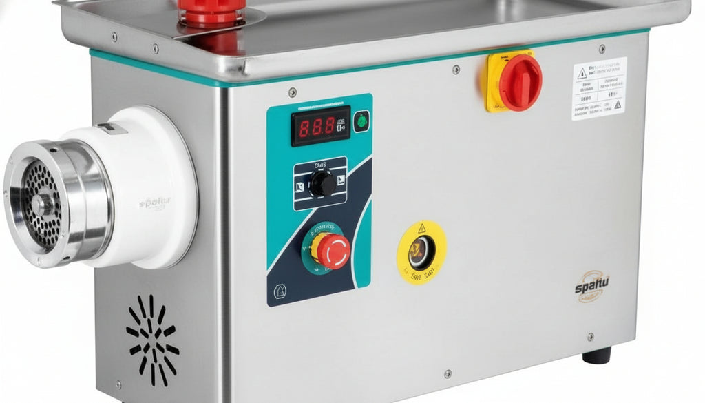 Commercial meat grinder on a white background