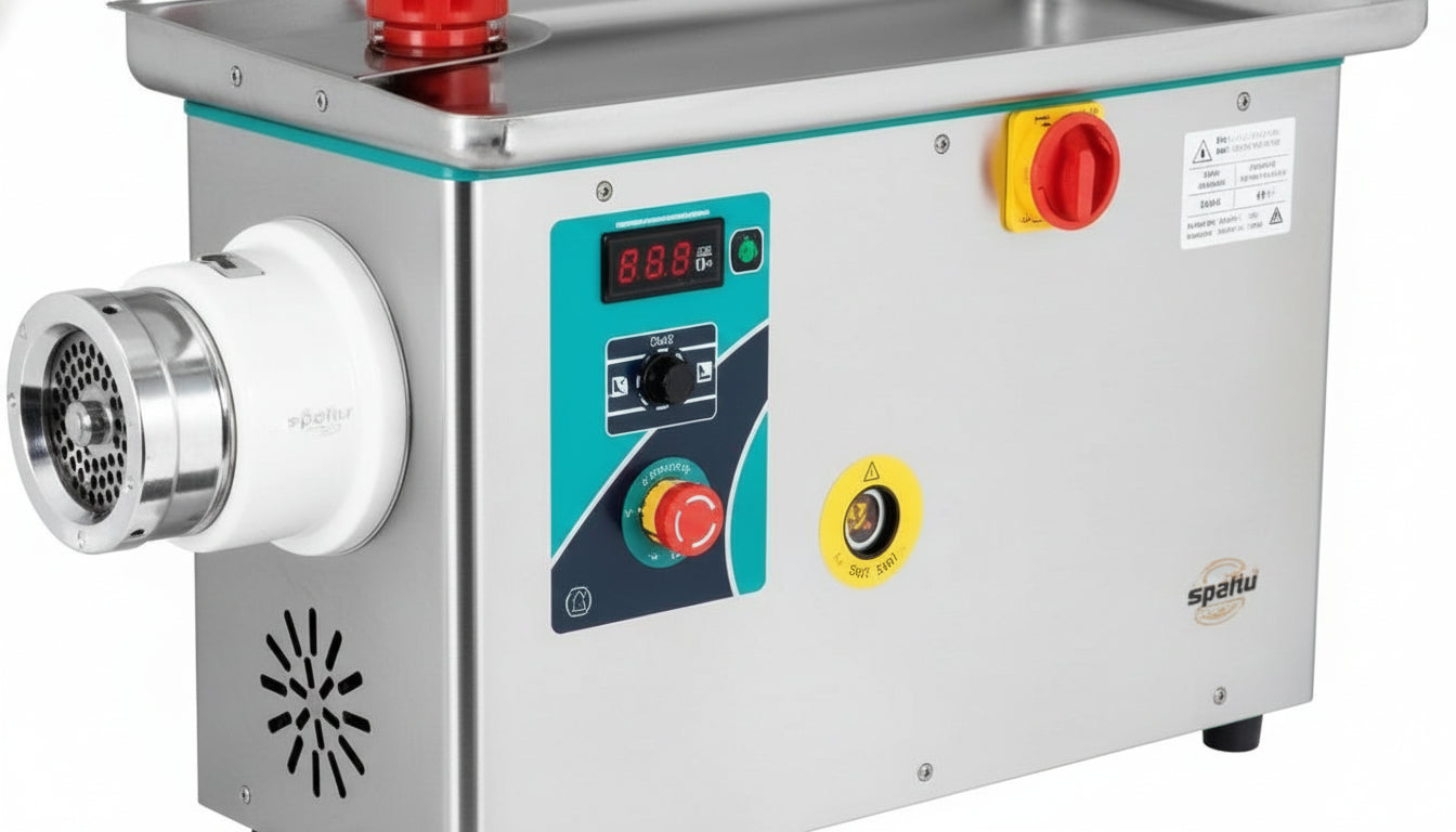 Commercial meat grinder on a white background