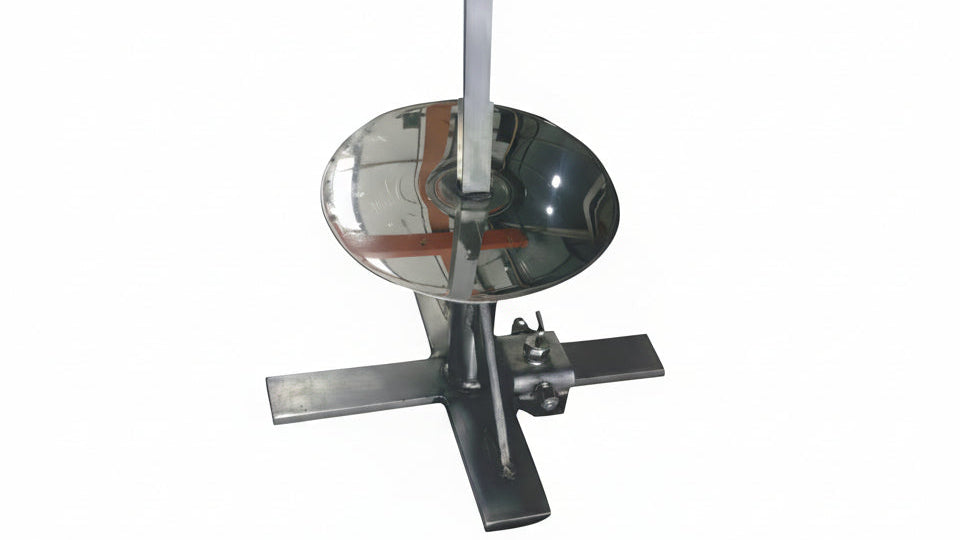 Metal stand with circular base and vertical rod on a white background