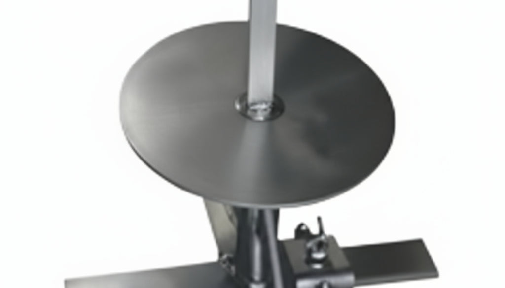 Metal stand with circular base and vertical rod on a white background