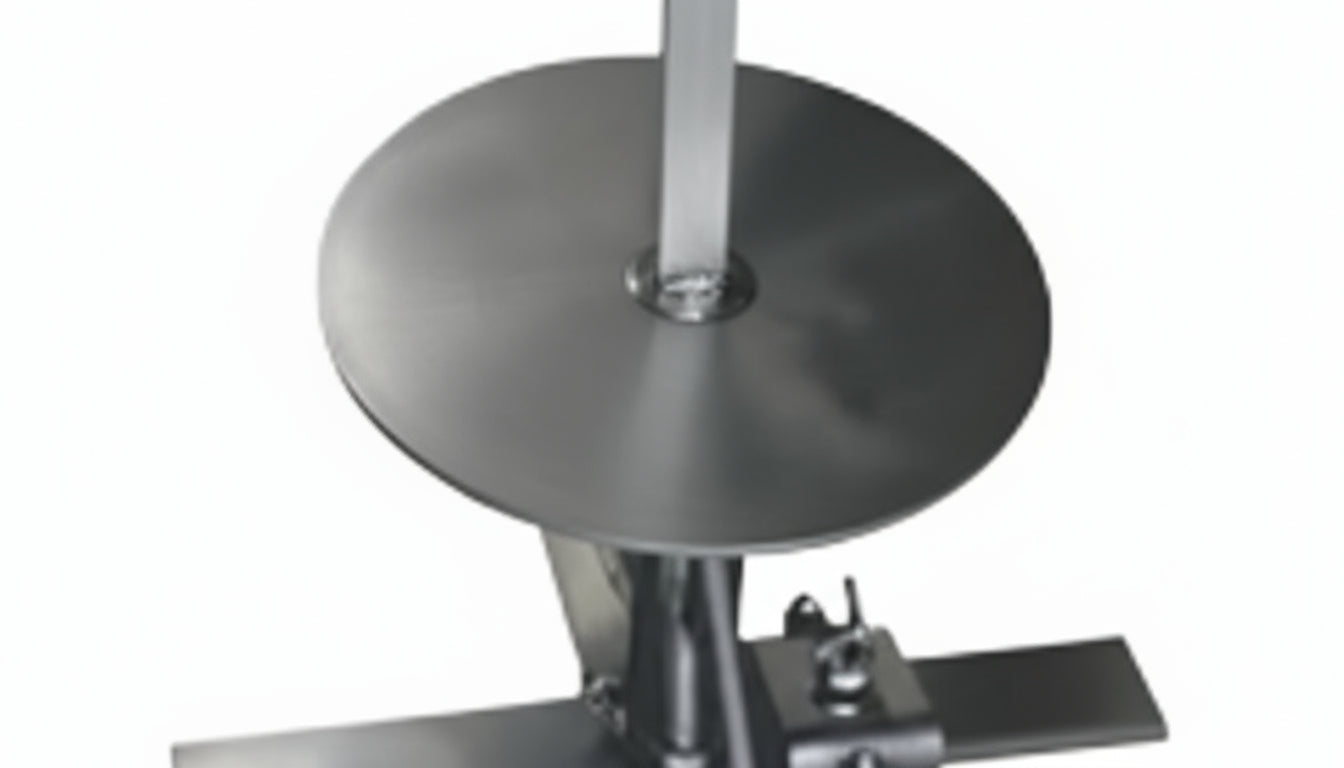 Metal stand with circular base and vertical rod on a white background