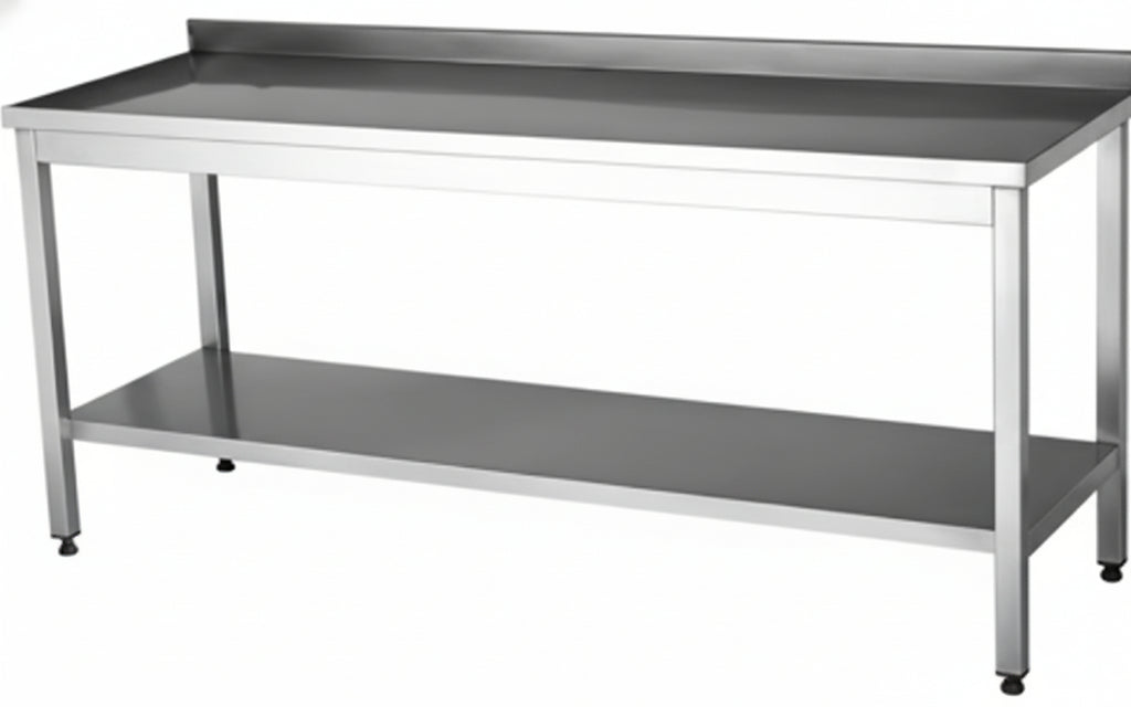 Stainless steel workbench with a metal top and bottom shelf on a white background