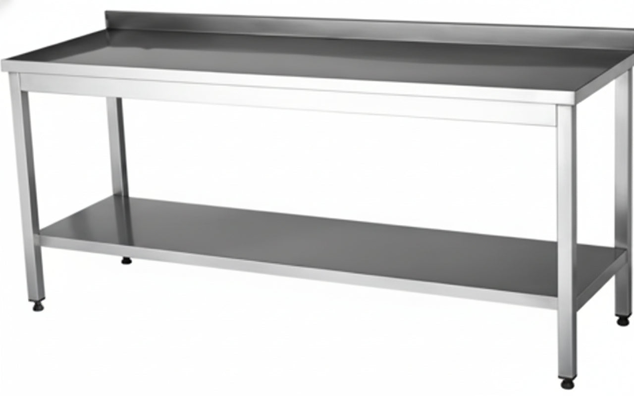 Stainless steel workbench with a metal top and bottom shelf on a white background