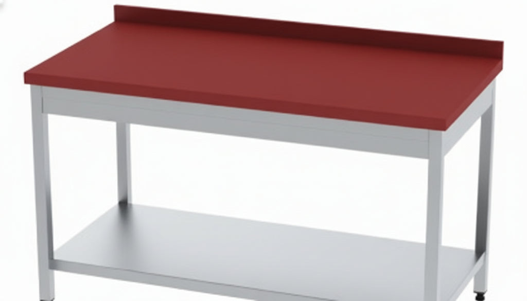 Workbench with red top and metal legs on a white background