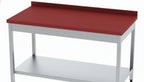 Workbench with red top and metal legs on a white background