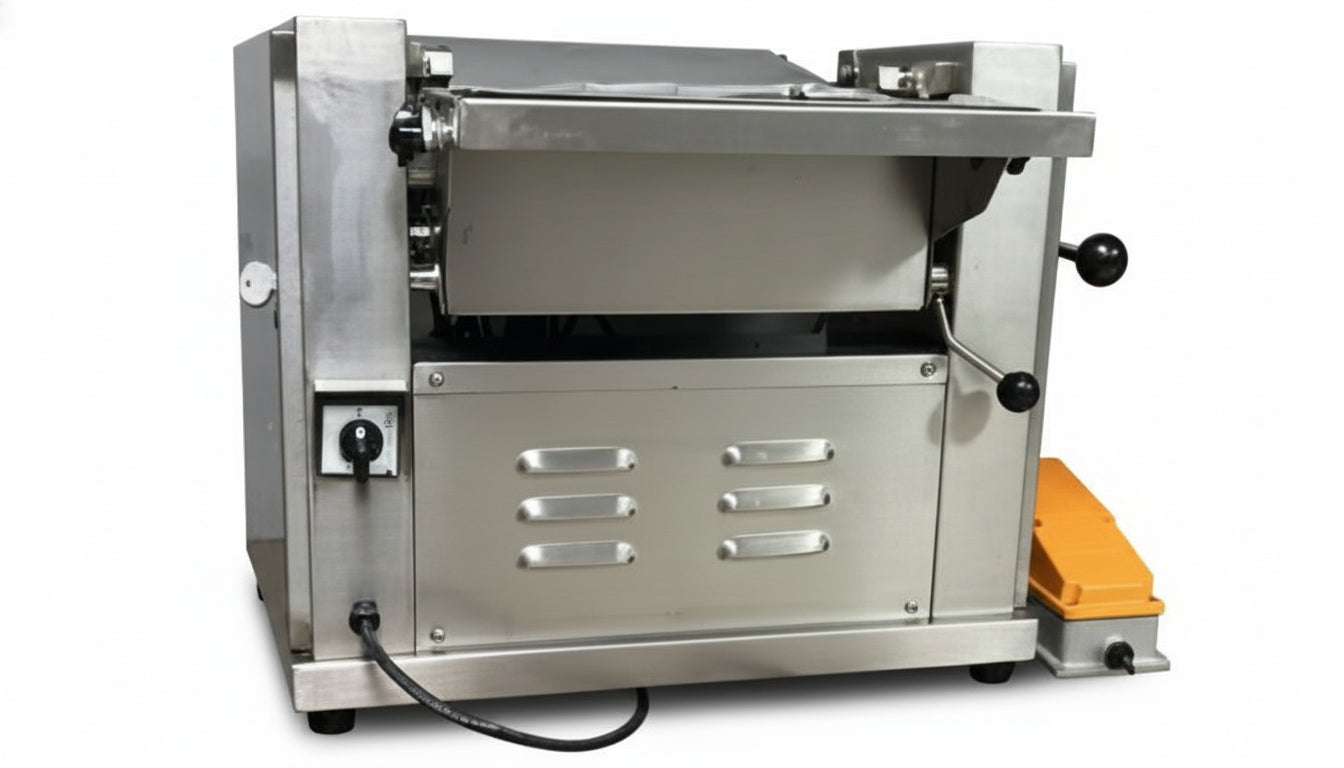 Commercial dough sheeter on a wooden table with a gray background