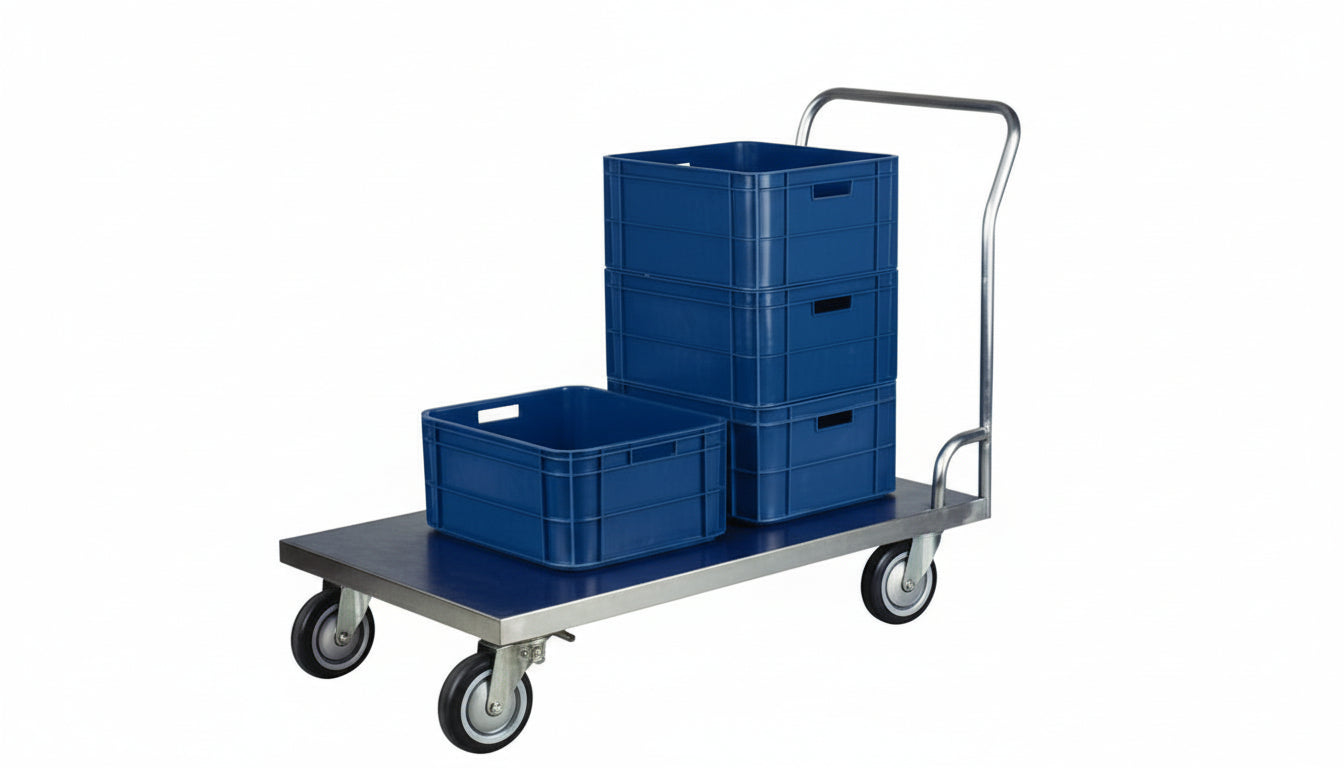 Cart with blue crates on a white background, featuring the OSM logo.